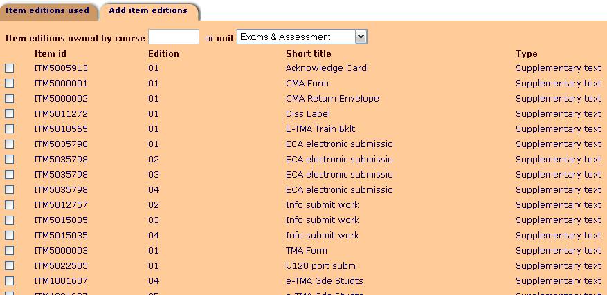 Item editions used screen (CS076) - add items tab